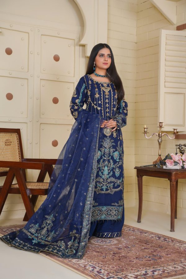 Midnight Blue Chiffon Stitched Suit