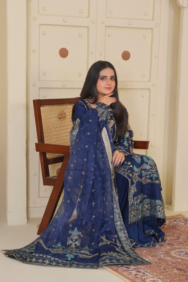 Midnight Blue Chiffon Stitched Suit - Image 5