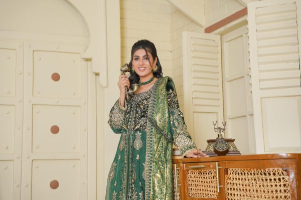 Emerald Green Chiffon Stitched Suit - Image 3