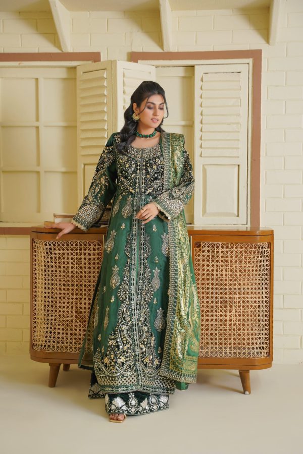 Emerald Green Chiffon Stitched Suit - Image 2